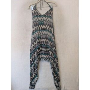 Buddha Pants Harem Jumpsuit Women's XS-L Teal Grey Geometric Zigzag